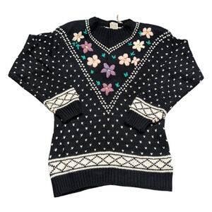 80's /90's Women's Navy Hand Knit Flower and AOP Heart Sweater